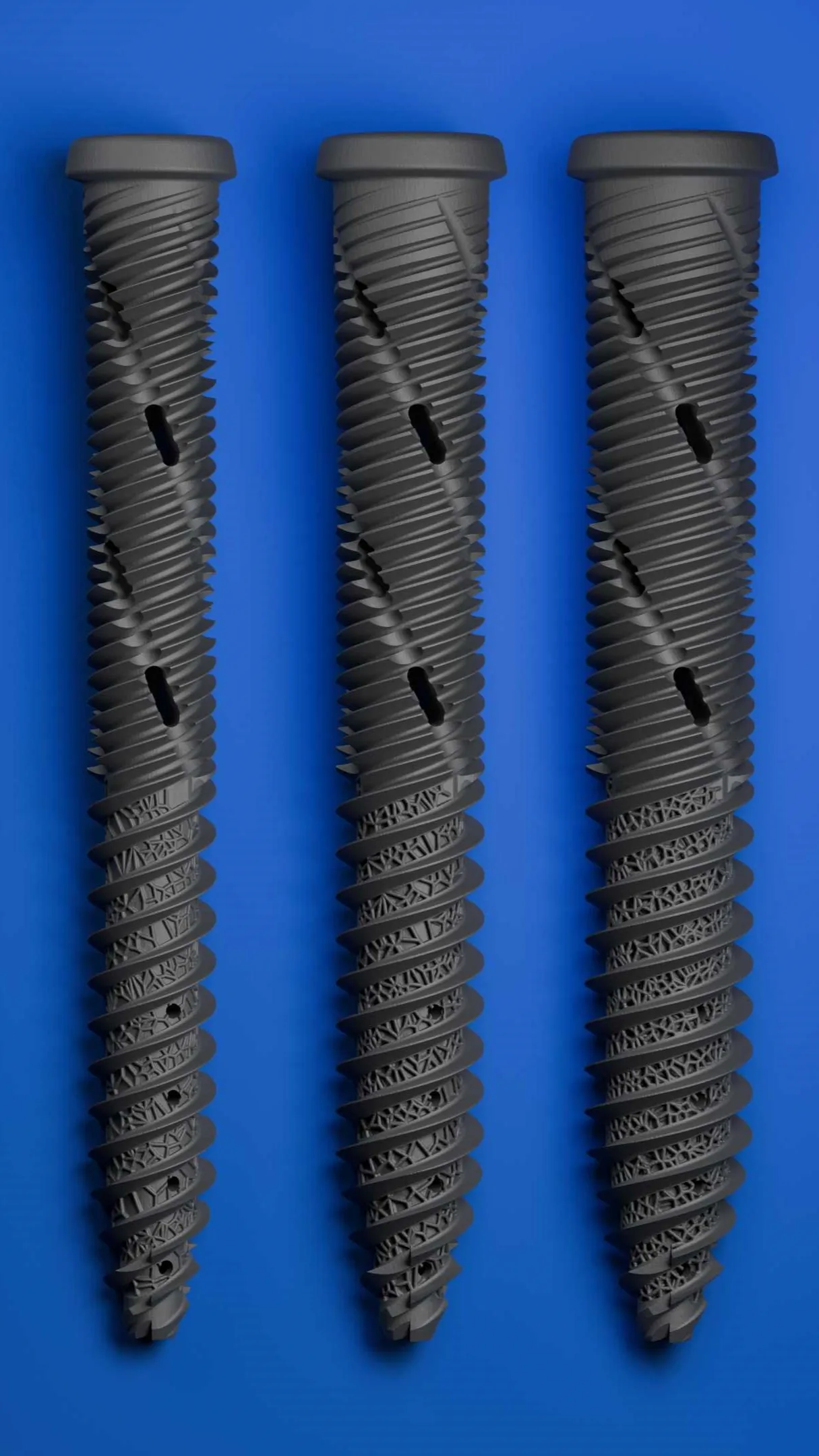 Three 3D printed titanium bone screws with lattice features