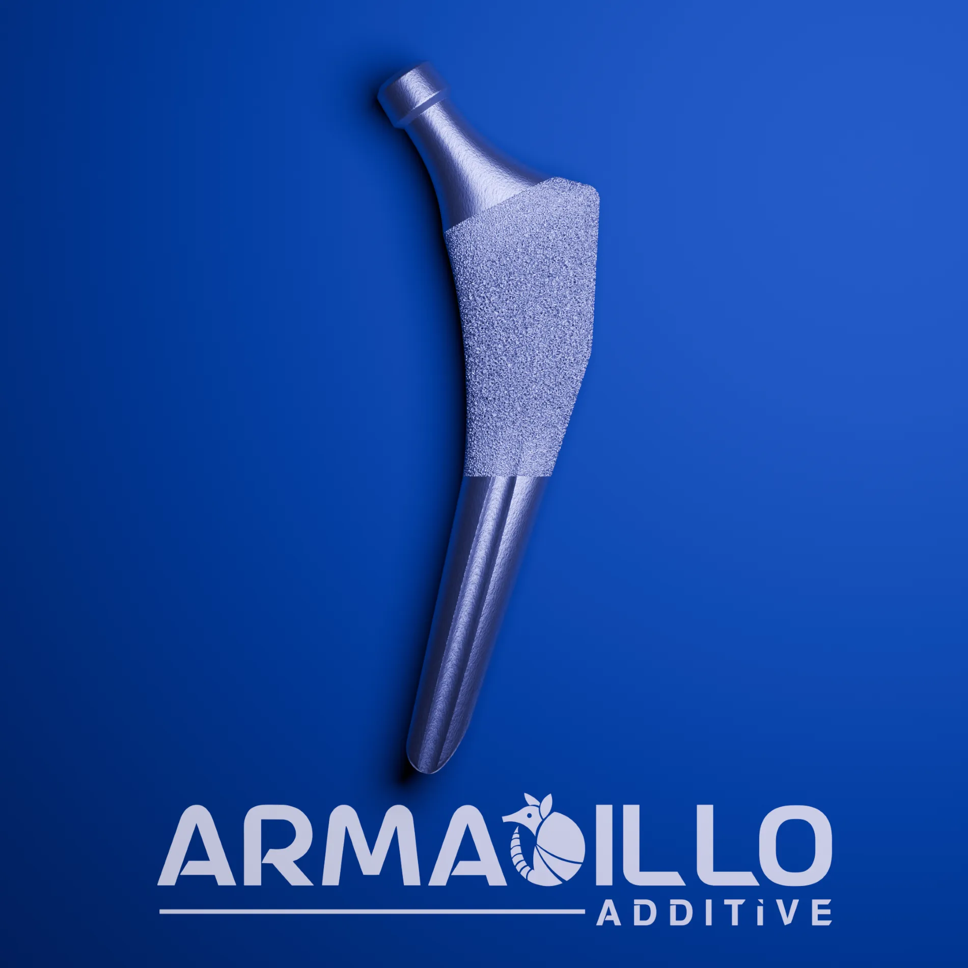 Rendered image of a titanium hip stem implant with a porous ingrowth surface