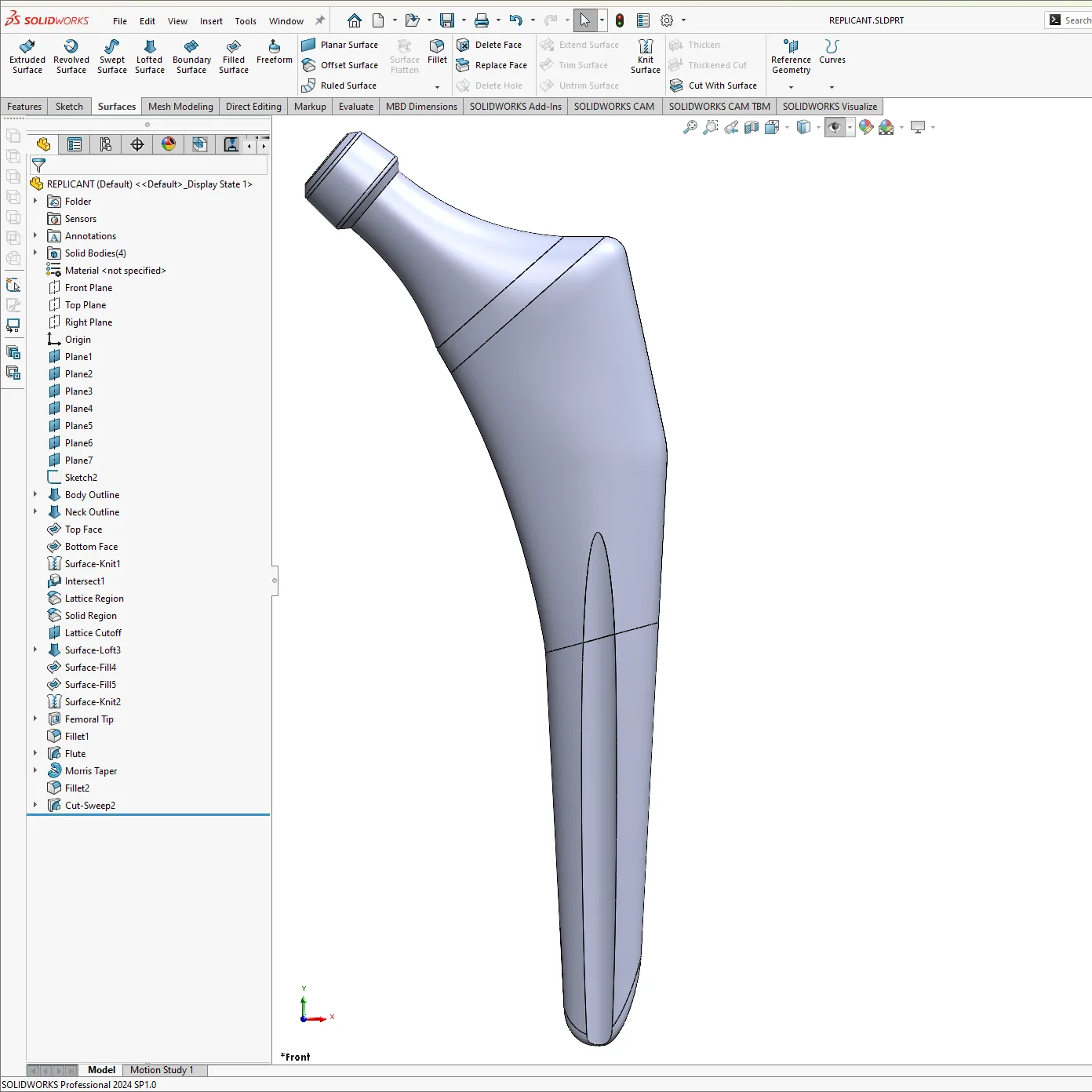 SolidWorks CAD model of a hip stem implant, shown with surfaces and a lattice region defined for 3D printing